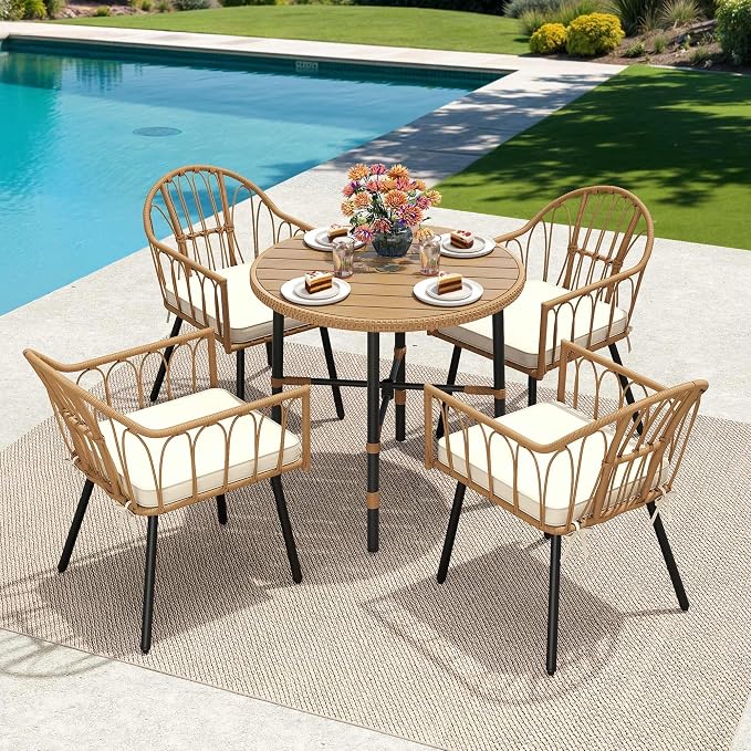 YITAHOME Patio Dining Set with Umbrella Hole for 4, Wicker Outdoor Dining Set 5pcs, Rattan Patio Dining Furniture Sets, Outdoor Table and Chairs Set for Patio Backyard Balcony Garden
