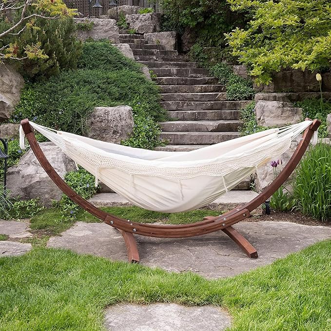 Vivere Double Cotton Hammock with Solid Pine Arc Stand - 450 lb Capacity, Durable FSC Wood Frame, Includes Hardware & User Guide - 450 lb Weight Capacity