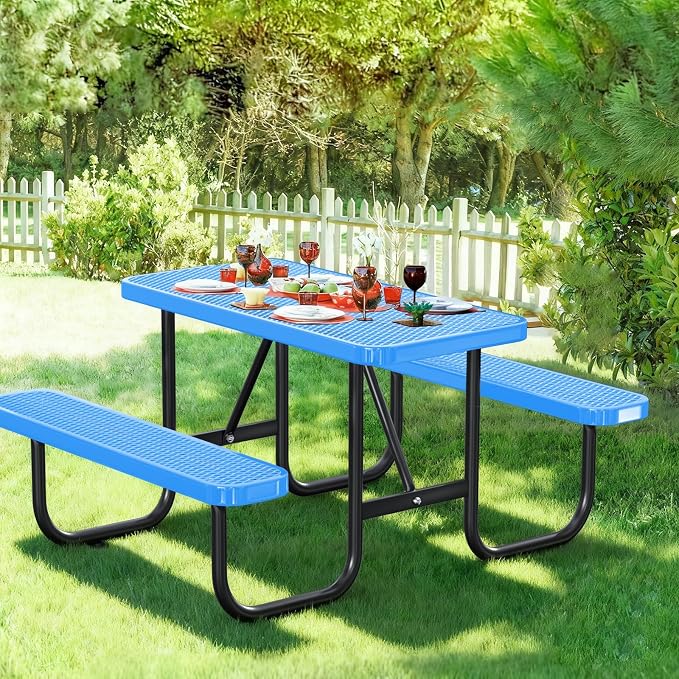4FT Rectangular Outdoor Picnic Table with Attached Benches, Heavy-Duty Expanded Metal Mesh Patio Table, Commercial-Grade Outdoor Seating for Park, Backyard, Deck, Lawn, Blue