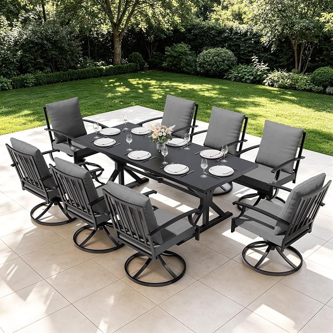 9 Pieces Outdoor Patio Dining Set,Patio Table and Chairs Metal Outdoor Patio Furniture Set with Umbrella Hole,Dining Table Set with 8 Swivel Chairs for Deck,Backyard and Garden,Grey
