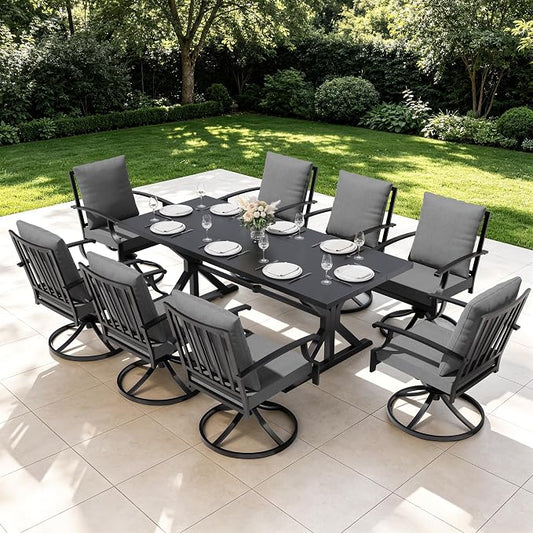9 Pieces Outdoor Patio Dining Set,Patio Table and Chairs Metal Outdoor Patio Furniture Set with Umbrella Hole,Dining Table Set with 8 Swivel Chairs for Deck,Backyard and Garden,Grey