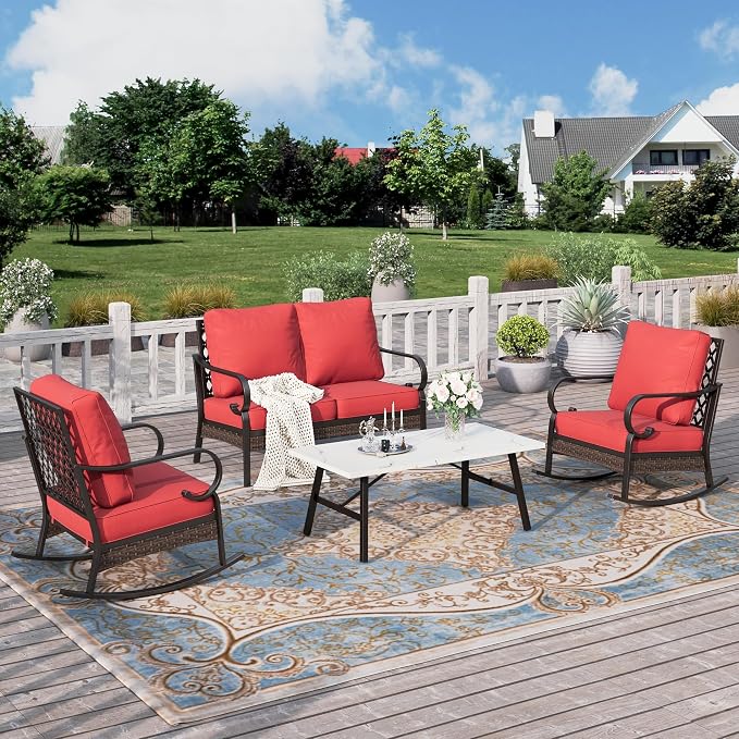 HERA'S HOUSE 4 Piece Metal Patio Furniture Set, 2 x Rocking Cushioned Chair, 2-Seat Lover Sofa with Coffee Table, All Weather Outdoor Conversation Set for Lawn Garden Backyard Deck, Red
