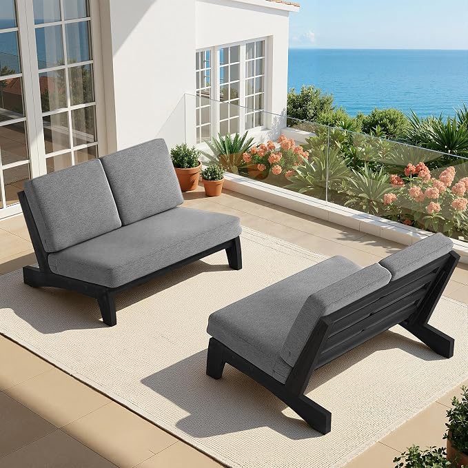 All Weather Patio Furniture Sets, 3 Pieces Black Wood Patio Loveseat Sofa Outdoor Sectional Futniture Backyard Conversation Set with Solid Wooden Coffee Table - Grey