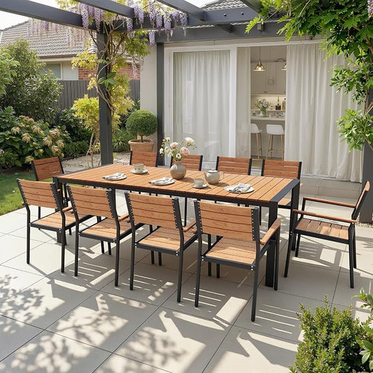 11-Piece Outdoor Dining Set, 95" Aluminum Table and Stackable Armchairs | Umbrella Hole and All-Weather WPC Rectangular Patio Furniture for 10 for Garden Patio Backyard (Brown)