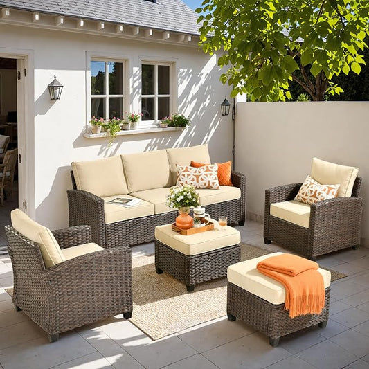 CAODOC Patio Furniture Sets, Outdoor Wicker Furniture with Ottomans, 5 Pieces Outdoor Sofa Couch Conversation Set with Cushioned Rattan Chairs for Garden Poolside Backyard, Beige