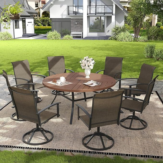 VICLLAX 9 Pieces Patio Outdoor Dining Set, 8 Swivel Textilene Chairs and 60" Round Metal Table with Umbrella Hole for Porch, Deck, Garden, Walnut/Brown