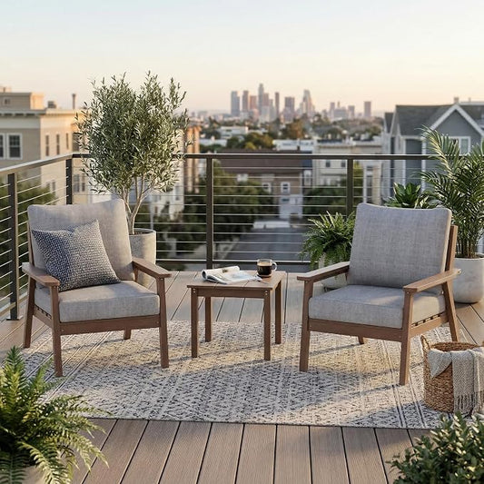 LOUNZY HDPE Patio Conversation Set,3 pcs Sectional Outdoor Furniture Set, All Weather Outdoor Couch Set Patio Furniture Set for Deck, Lawn, Brown