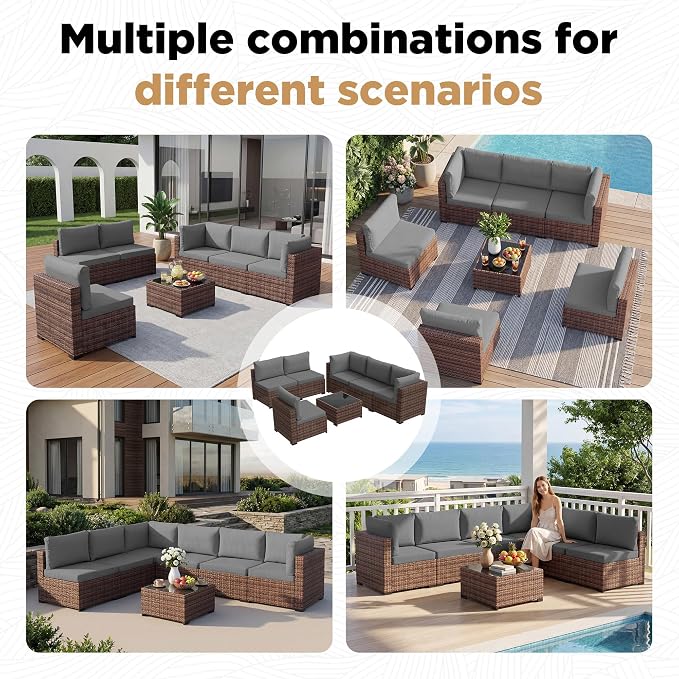 LHBcraft 7 Pieces Outdoor Wicker Rattan Patio Furniture, Wicker Rattan Outdoor Sectional Sofa Set with Coffee Table & Grey Cushions for Garden