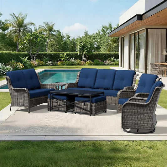 Joyside 8 Piece Wicker Patio Furniture Set, Outdoor Swivel Rocker Patio Chairs with High Back, Deep Seating, Wide Armrest, Thickened Cushions, Outdoor Furniture for Deck, Porch Use