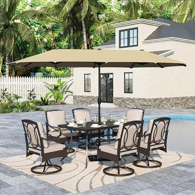 Sophia & William Patio Table and Chairs with 13ft Double-Sided Umbrella, 8 Piece Outdoor Dining Furniture Set with 6 Padded Patio Swivel Dining Chairs, 1 Rectangular Metal Patio Table & 1 Umbrella