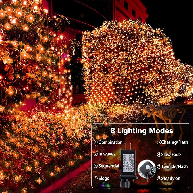 BlcTec Halloween Net Lights 360 LED 9.8ft x 6.6 Orange Halloween Lights with 8 Modes, Timer, Connectable, Waterproof & Dark Green Wire Design for Lawn, Porch, Shrub, Bushes Outdoor Holiday Decorations