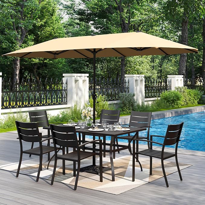 PHI VILLA 7 Pcs Outdoor Dining Set with Umbrella for 6(Beige) | 60" Rectangular Metal Table & Stacking Wrought Iron Chairs & 13ft Beige Umbrella, Outside Large Furniture