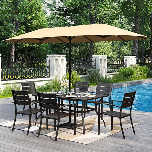 PHI VILLA 7 Pcs Outdoor Dining Set with Umbrella for 6(Beige) | 60" Rectangular Metal Table & Stacking Wrought Iron Chairs & 13ft Beige Umbrella, Outside Large Furniture