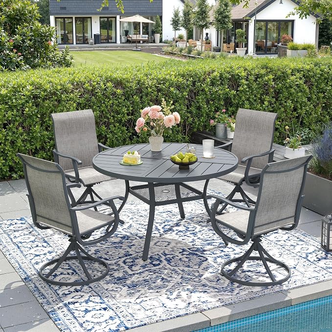 DIFY 5 Pieces Outdoor Patio Dining Set, 4 Grey Textilene Swivel Dining Chairs and 40.6" Grey Round Metal Dining Table, Outdoor Table and Chairs