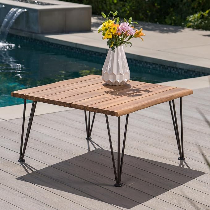roomfitters Outdoor Wooden Coffee Table with Slatted Top and Iron Hairpin Legs, Patio Accent Table for Garden, Natural