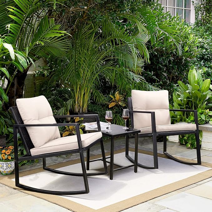 Greesum 4 Pieces Wicker Rattan Patio Furniture Sets with Loveseat, Chairs, Table and 3 Pieces Rocking Bistro Set with Porch Chairs, Coffee Table