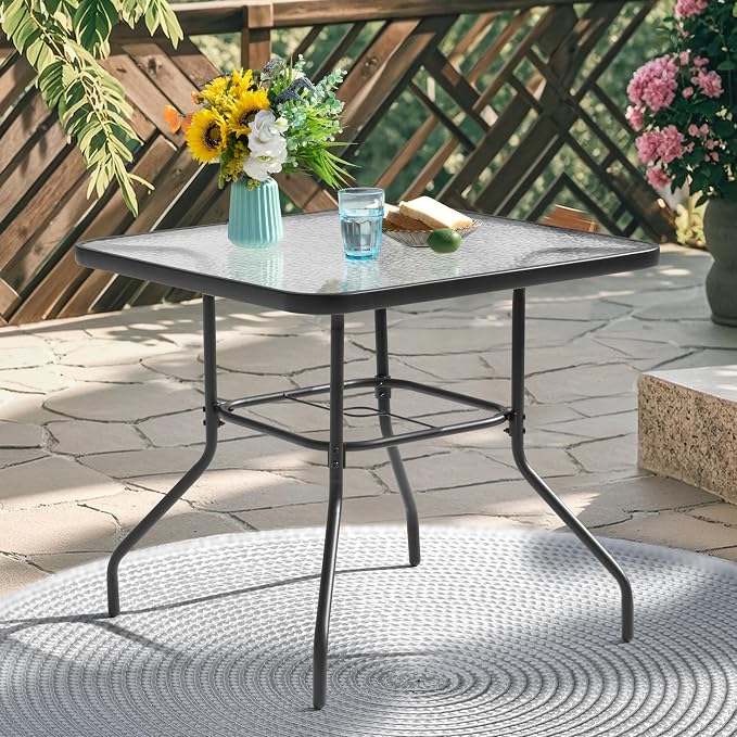 NUU GARDEN 31.5" Square Patio DiningTable, Patio Table with Umbrella Hole, Patio Dining Table with Tempered Glass, Outdoor Dining Tables, Square Patio Table for Balcony,Black