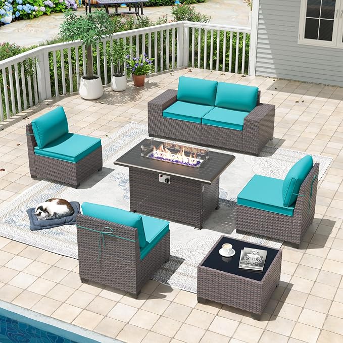 7 Pieces Outdoor Patio Furniture Set with 43"/55000BTU Gas Fire Pit Table,PE Rattan Wicker Outdoor Conversation Sofa Set Non-Slip Cushions Waterproof Covers for Backyard,Poolside,Garden,Blue