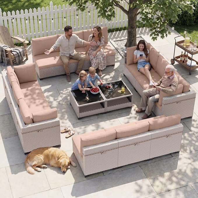 Patio Furniture Set, 14-Piece Outdoor Sectional Sofa with 2-Layer Glass Coffee Table, Wicker Patio Conversation Set with Khaki Cushions for Backyard, Poolside, Porch