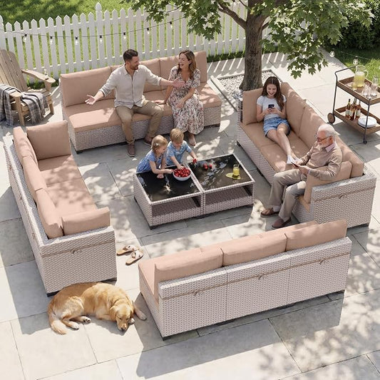 Patio Furniture Set, 14-Piece Outdoor Sectional Sofa with 2-Layer Glass Coffee Table, Wicker Patio Conversation Set with Khaki Cushions for Backyard, Poolside, Porch