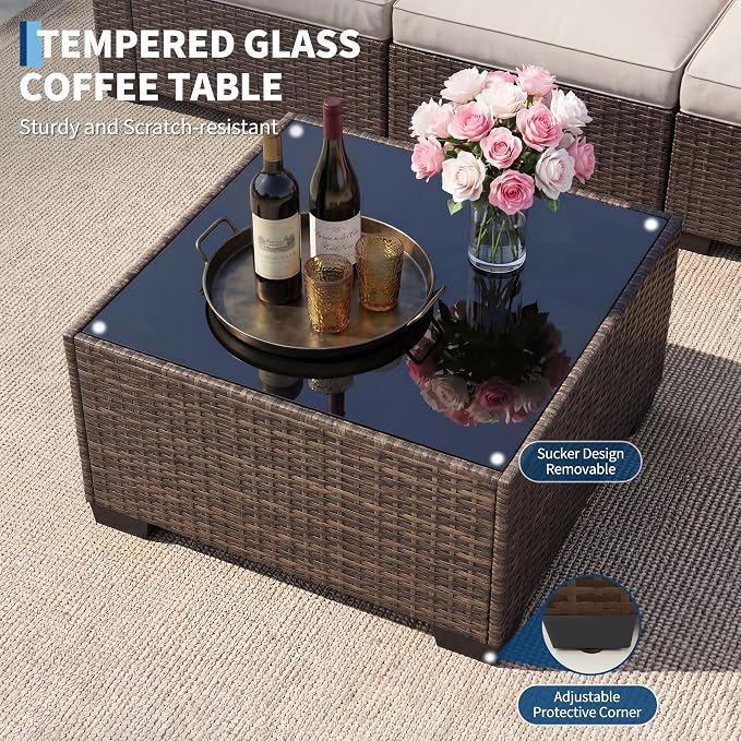 GarveeHome 7-Piece Modular Outdoor Patio Set, Sectional Rattan Wicker Sofa with Water-Resistant & Washable Thick Beige Cushions, Includes Coffee Table, Brown Frame for Garden, Deck, Poolside