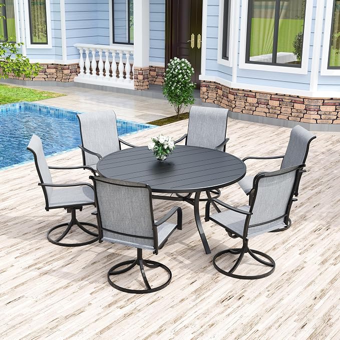 Anmutig 7-Piece Outdoor Dining Set, 54" Round Table with 6 Swivel Chairs All Weather Furniture Set for Lawn Garden, Grey