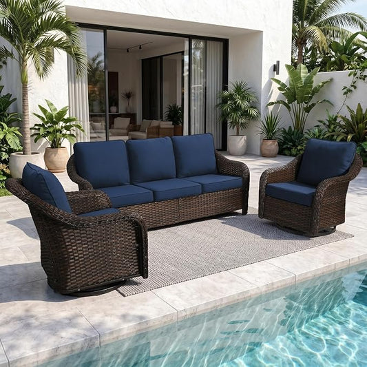 3 Piece Patio Wicker Conversation Set, All-Weather Use Outdoor Wicker Sofa with 2 PE Rattan 360 Swivel Chair, Ideal for Porch, Backyard, Balcony, Poolside, Blue