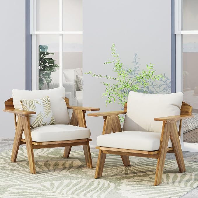 Merax 2 Pcs Outdoor Acacia Wood Club Chairs Patio Conversation Set with Cushions,Teak Finish