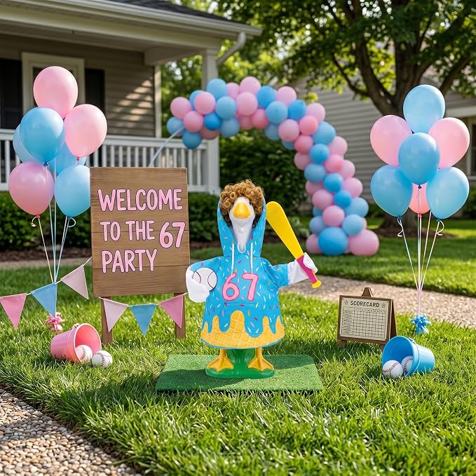 Summer 67 Baseball Porch Goose Outfits, Ice Cream Hoodie Wigs for 23 inch Goose, Geese Statue Clothes Costume 4 Pcs Accessories, Birthday Party Garden Outdoor Yard Lawn Patio Decor