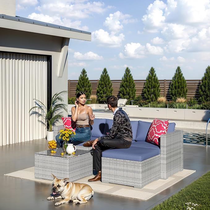 5 Piece Outdoor Patio Furniture Set, Rattan Deck Conversation Sofa Set with Non-Slip Cushions, All-Weather Sectional Sofa with Glass Storage Table and Balcony Footstool, Poolside, Garden, Porch, Gray