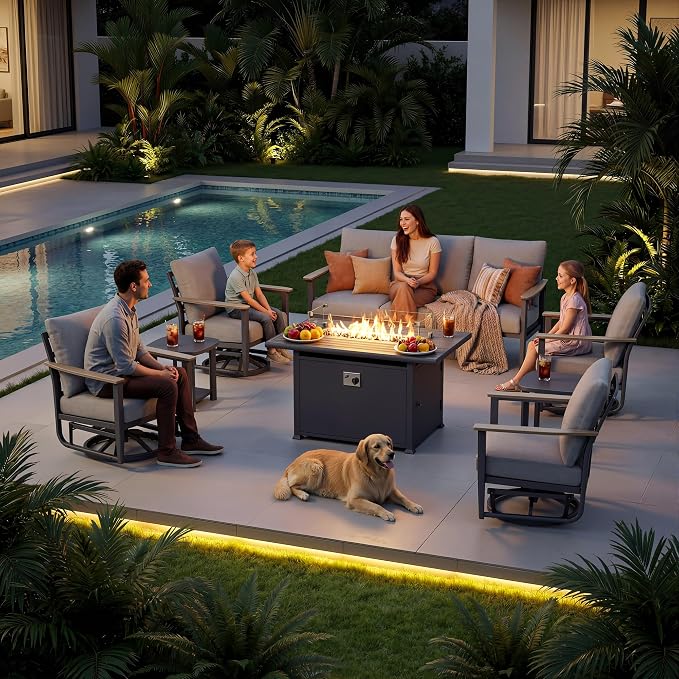 Aluminum Outdoor Patio Furniture Set with Swivel Rocking Chairs 7-Seat, Patio Sectional Sofa Patio Conversation Set with 55,000 BTU Fire Pit Table & High Backrest, Grey