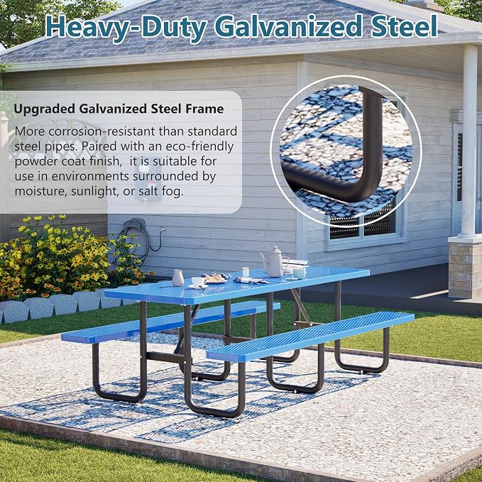 96" Heavy Duty Metal Picnic Table for 10 People, Outdoor Dining with Umbrella Hole, Galvanized Steel Rustproof Frame 882LBS Capacity, Mesh Top for Garden Patio Camping, Blue