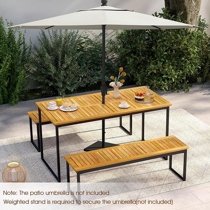 HAPPYGRILL Acacia Wood Patio Dining Table for 6 People, 55 inch Rectangle Patio Table with Slatted Tabletop, Metal Frame & Umbrella Hole, Outdoor Dining Furniture for Yard, Garden, Poolside