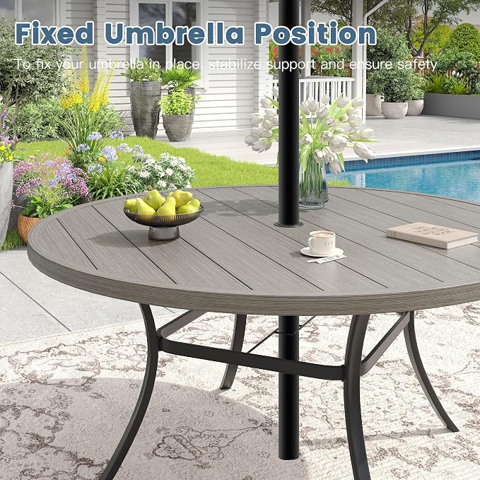 DIFY 9 Pieces Outdoor Dining Set for 8, Outdoor Furniture Set of 8 Sandshell Textilene Swivel Patio Chairs, 60" Grey Wood-Like Round Metal Dining Table Set with Umbrella Hole, for Garden Deck Backyard