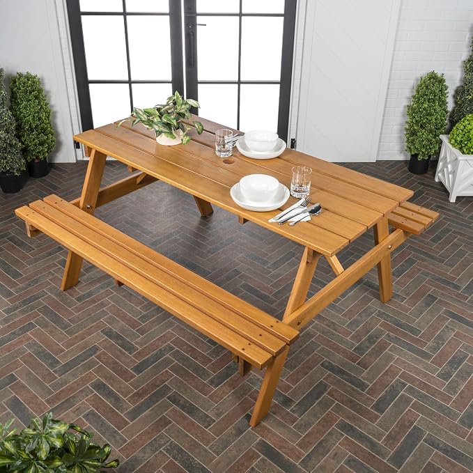 JONATHAN Y Shoreham 59" Eucalyptus Wood Outdoor Picnic Table with Benches for Patio, Rectangular Dining Set with 2" Umbrella Hole, Heavy Duty 700 lbs Capacity, Teak Brown BNH200A
