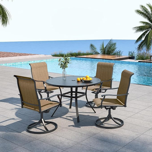 Outdoor 41" Round Table and BrownYellow Swivel Chairs Dining Set of 5 Sty1 | 41 inch Metal Round Table; 4 Piece Swivel Chairs: High Back, Curved Armrest, Textilene Fabric, Rocking; All Weather