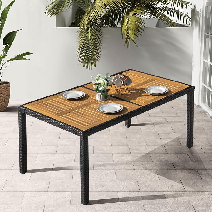 NUU GARDEN 59 x 35 Inch Outdoor Patio Dining Table for 6, Acacia Wood Slatted Tabletop with Rattan Wrapped Metal Frame, All Weather Outdoor Table for Garden Backyard Lawn, Black