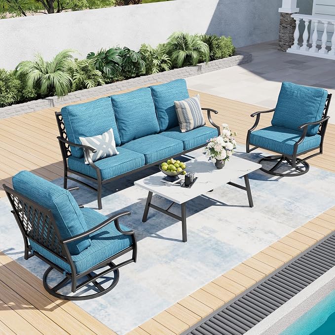 SUNSHINE VALLEY 4 Piece Metal Outdoor Patio Furniture Set, Patio Conversation Sets 3-seater Sofa, 2 Swivel Chair with 5.75" Extra Thick Cushion and Coffee Table, Black Frame Backyard Furniture, Blue-2