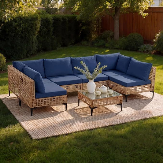 7 PCs Outdoor Patio Furniture All Weather Wicker Rattan Sectional Conversation Sofa Set w/Water Resistant Cushions, Coffee Table for Paito, Lawn, Garden, Dark Blue