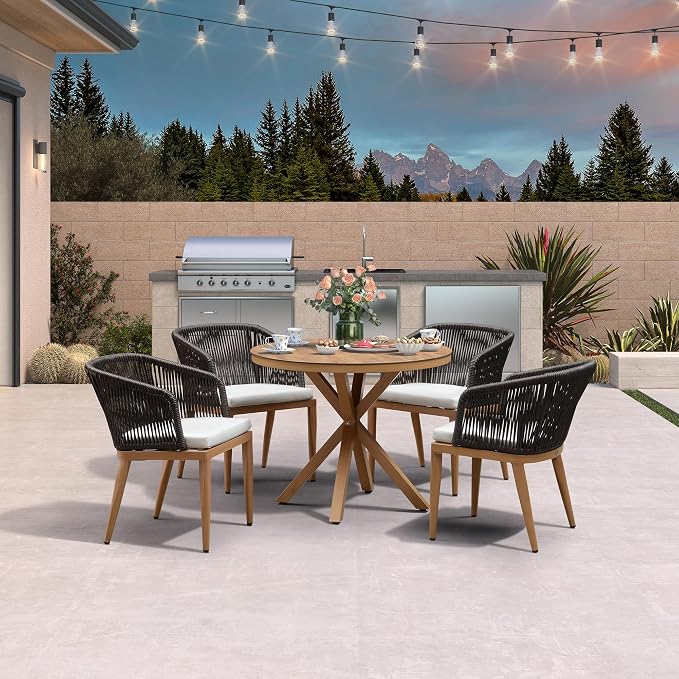 PURPLE LEAF 5 Pieces Patio Round Dining Set Aluminum Frame and Wicker Rattan Round Table and Arm Chairs with Cushions for Garden Porch Kitchen Modern Outdoor Teak