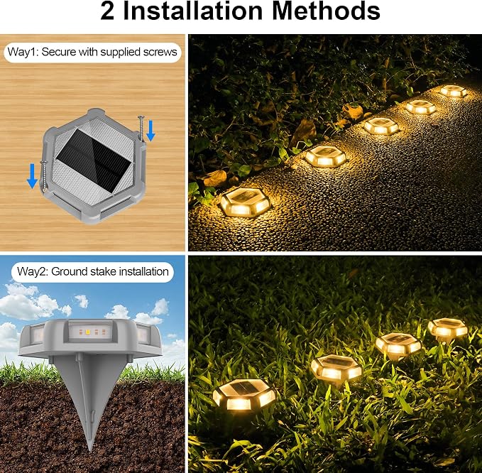 Solar Dock Lights Outdoor, 8 Packs Warm White Solar Deck Lights with 6 LEDs, IP65 Waterproof Solar Driveway Lights, Auto On/Off Deck Lights for Driveway, Pathway, Patio, Garden, Steps