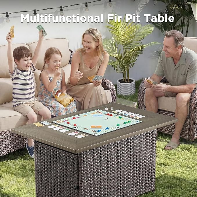 Patio Furniture Set with Fire Pit Table-10 Pieces All Weather Outdoor Swivel Rocker Chairs with Sofa and Ottomans. Outdoors Patio Conversation Sets for Porch Deck Garden Backyard(Brown/Beige)