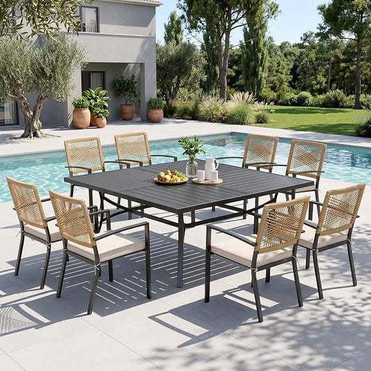 Sophia & William 9pc Patio Dining Set, 57" Square Table, Wicker Chairs | Outdoor Dining Set for 8, 57" Square Patio Dining Table Set with Patio Wicker Chairs for Garden, Porch, Backyard, Deck
