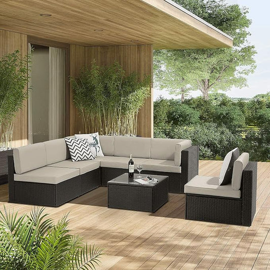 VITESSE Patio Furniture Sets All Weather Outdoor Sectional Sofa Manual Weaving Wicker Rattan Patio Conversation Set with Cushion and Glass Table (7 Pieces, Beige)