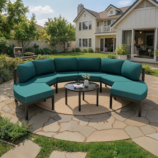 Crestlive Curved Patio Furniture Set, Modular Half Moon 6-Seater Sofa with Round Coffee Table, Aluminum Outdoor Sectional with 4.3" Cushions, All-Weather Couch for Backyard, Deck, Porch, Poolside