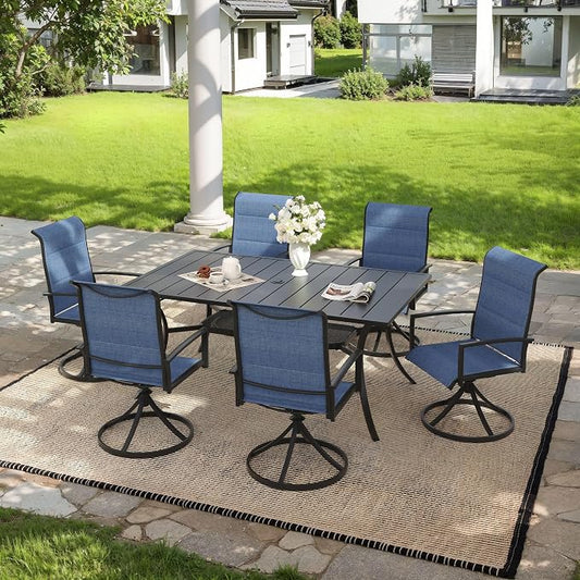 VICLLAX 7 Pieces Outdoor Dining Set, Patio Furniture Set Includes 59" Rectangular Metal Table W/ 1.9" Umbrella Hole and 6 Padded Textilene Swivel Chairs for Porch, Lawn, Garden, Backyard