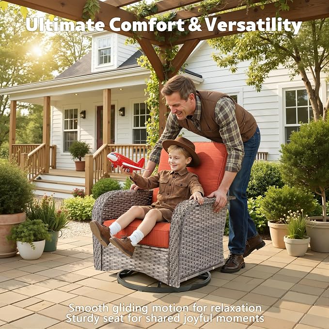 CAODOC Patio Furniture, All Weather Wicker 6 PCS Outdoor Sofa with High Back Swivel Rocker Chairs, Conversation Set with Solar Light Coffee Table,Light Rattan Red Cushion