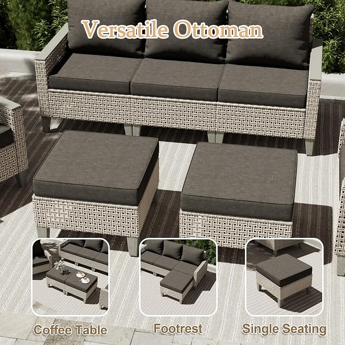 8 Pieces Patio Furniture Set with Fire Pit Table and Ottomans, Modern Outdoor Sectional Sofa with Comfy Cushions, Modular Wicker Rattan Patio Conversation Set, Black