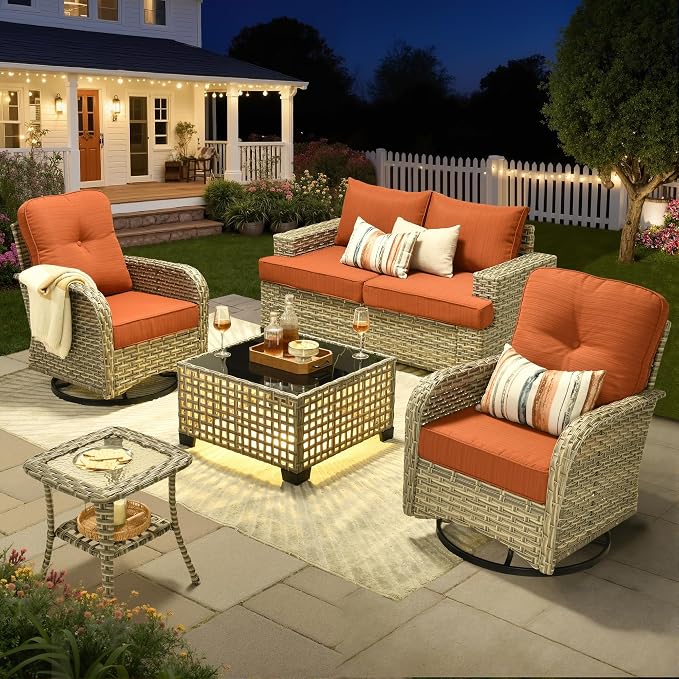 Wicker Patio Furniture Set with Swivel Chairs,6 Pieces Outdoor Sectional with Glowing Coffee Table,Out Door Furniture Conversation Set,Orange Red