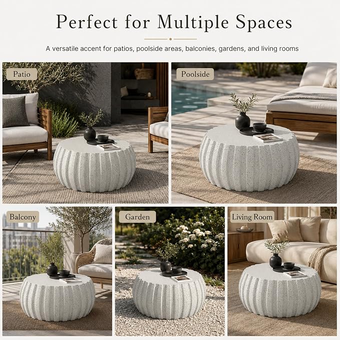35.43" Round Outdoor Coffee Table - Waterproof MgO Cement Design, Durable Concrete Coffee Table for Patio, Garden, Living Room